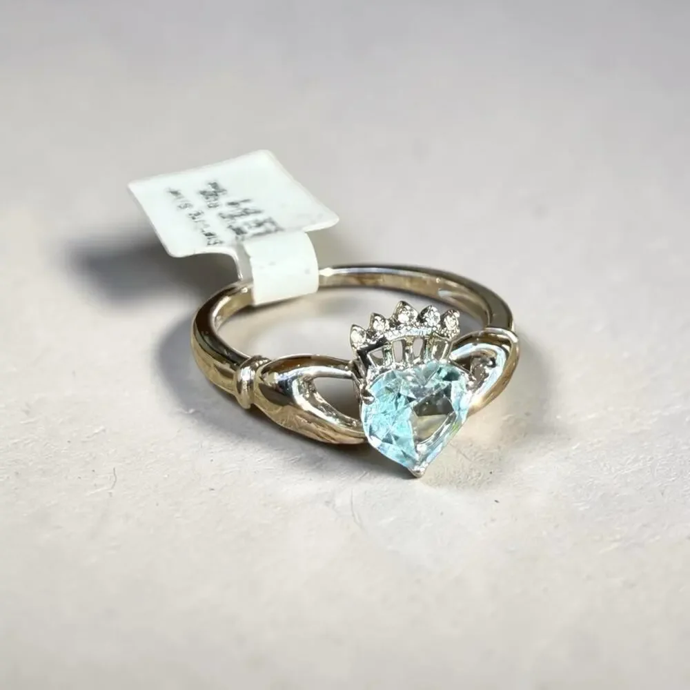 Blue Topaz Diamond Claddagh Ring 925 Sterling Silver Size 7 Love Loyalty Crown